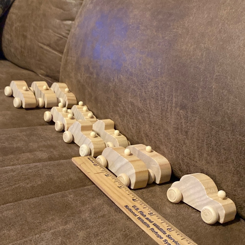 Set of 10 2 3/4” unfinished wooden cars